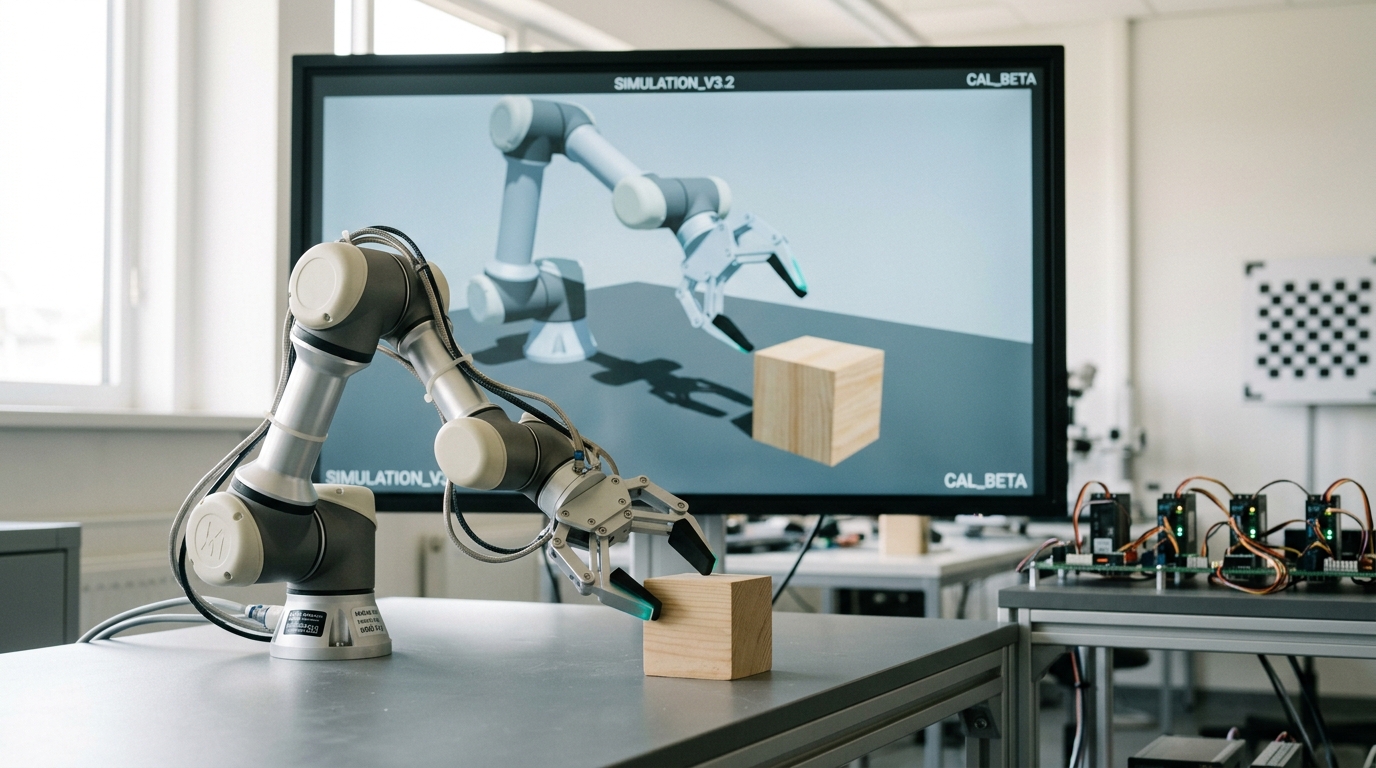 A small robot arm on a bench directly below a large wall display rendering a matched simulated version of itself, the physical gripper mid-close on a block while the simulated gripper lags a fraction behind