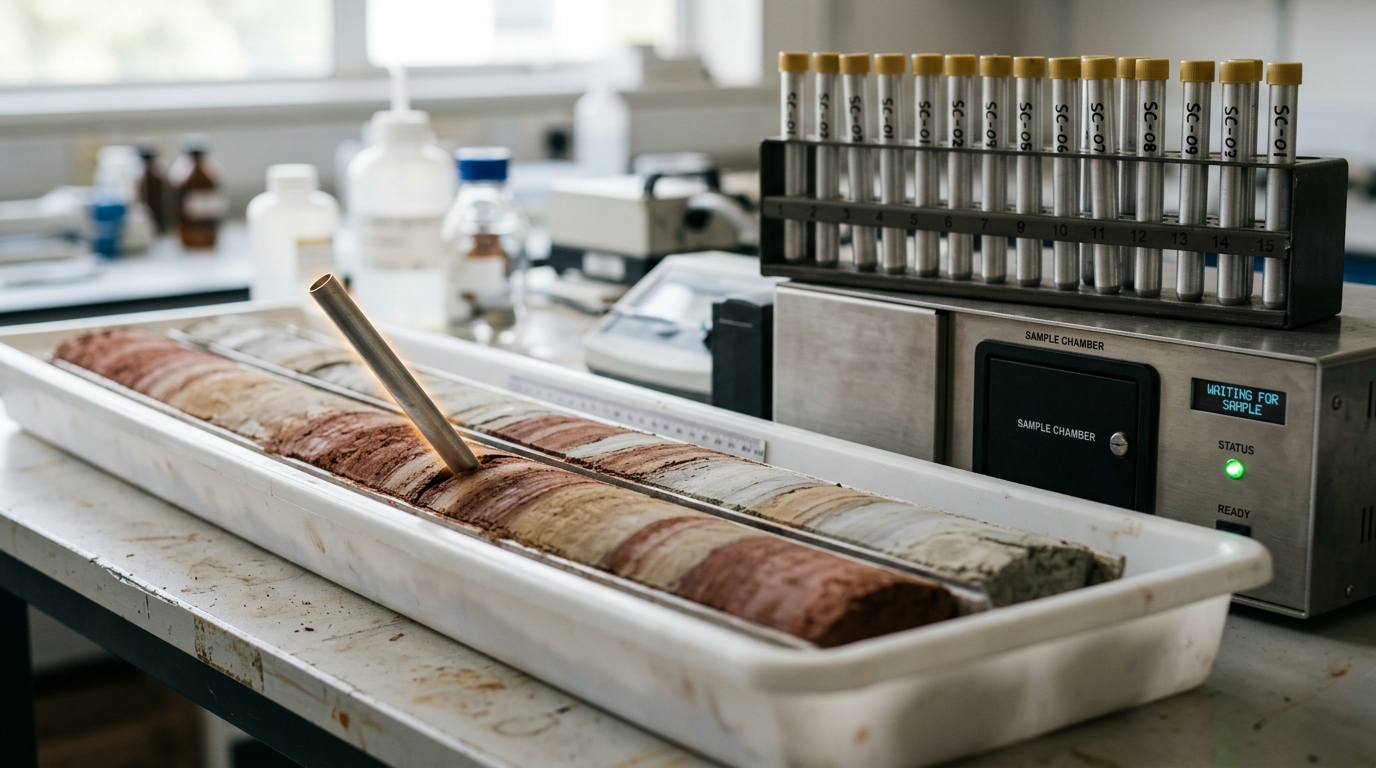 A long lab bench holding fuel-sample canisters and a mechanical balance scale, with one canister's counterweight still settling