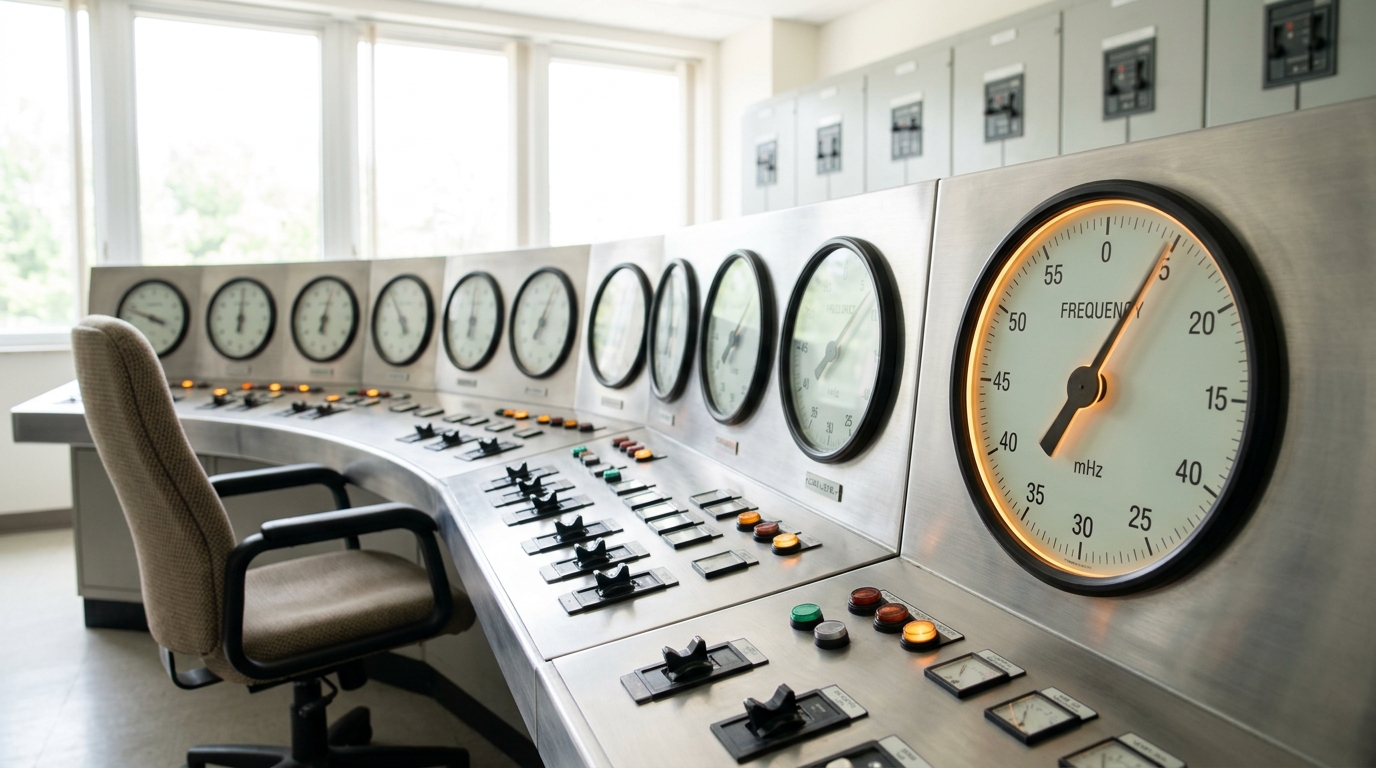A control-room bay with load and frequency dials, an operator's chair pushed back, one indicator needle caught mid-swing toward centre