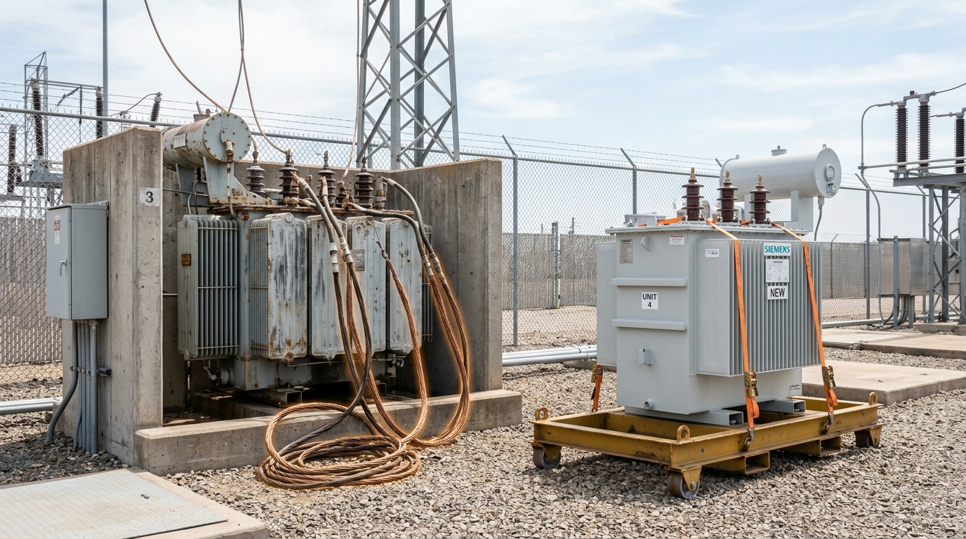 A substation transformer bay mid-retrofit, an old oil-filled transformer partly disconnected beside a new unit still on its lifting skid