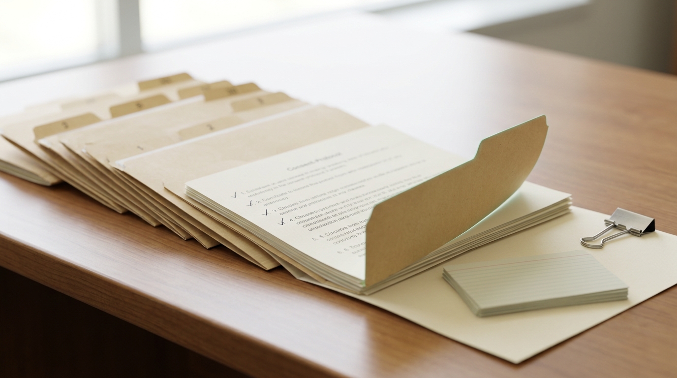 A row of numbered consent-protocol folders on a reading table, one folder open with its final signature tab still empty and a corner just lifting