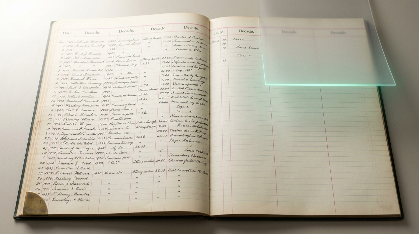 A wide archival ledger for long-horizon records lying open across a reading table, its final ruled column empty and a fresh acetate cover sheet caught mid-descent above it