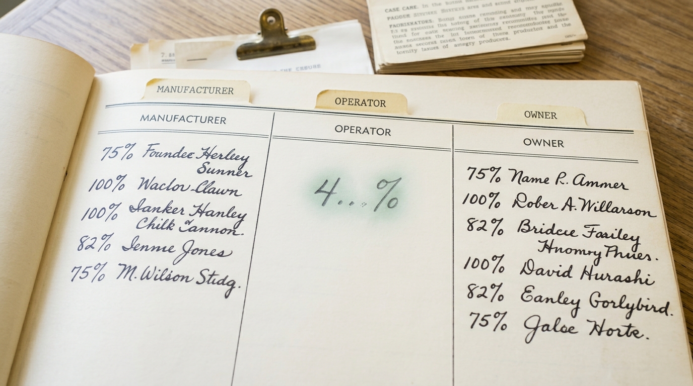 A wide liability-allocation ledger open on a reading table with three responsibility columns, a percentage figure in the middle column still being written in soft graphite