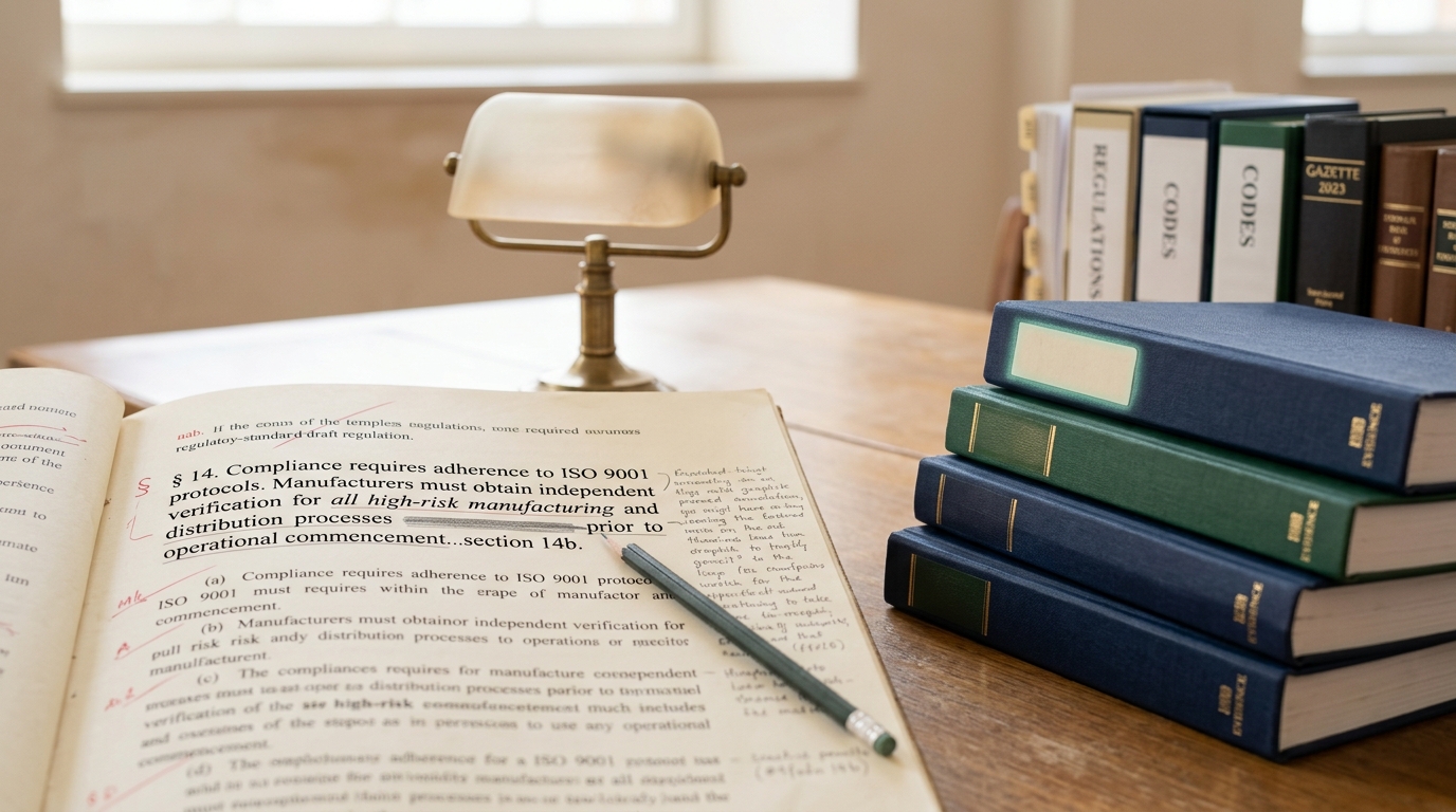 A redlined draft regulation on a reading table, one paragraph mid-strike with a pencil line not yet reaching its end, beside a stack of evidence binders with one tab still blank