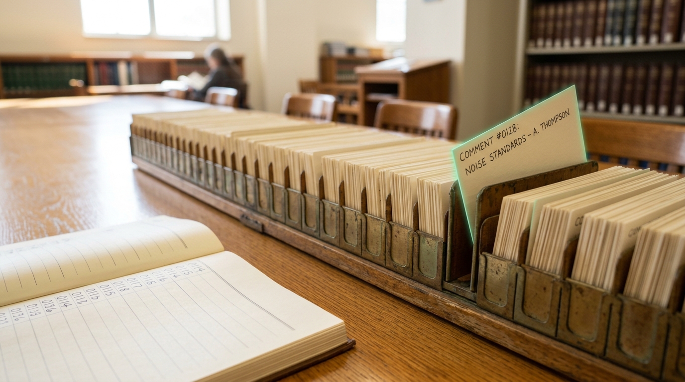 A wide intake tray of public-comment cards on a reading table, one card caught being slid into a narrow sorting slot that is nearly but not quite full