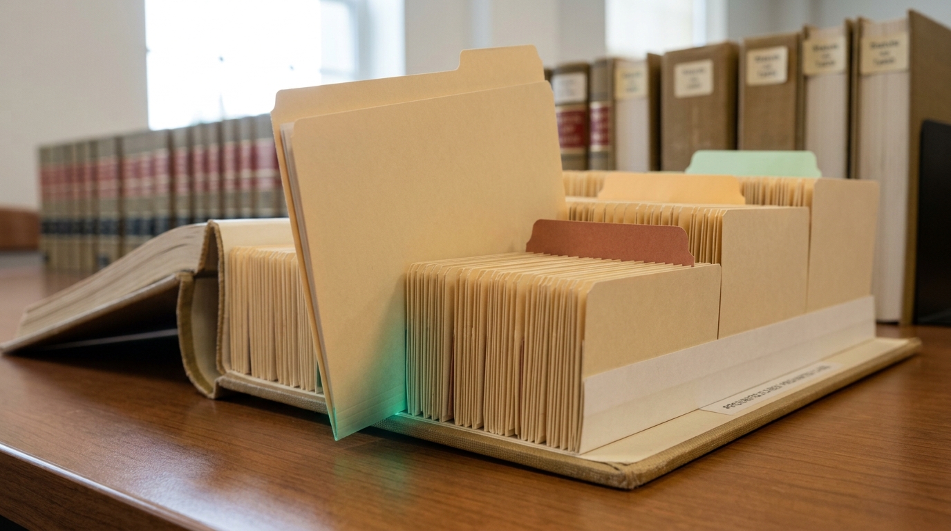 An open risk-classification binder with four coloured tiers of index tabs, a single loose case-file sliding between the second and third tier and not yet seated in either