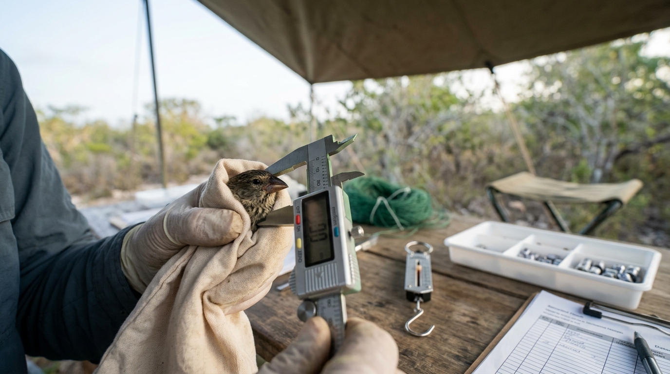 A pair of digital callipers closing on the beak depth of a small ground finch held gently against a canvas banding table, the jaw of the calliper still a hair from full contact