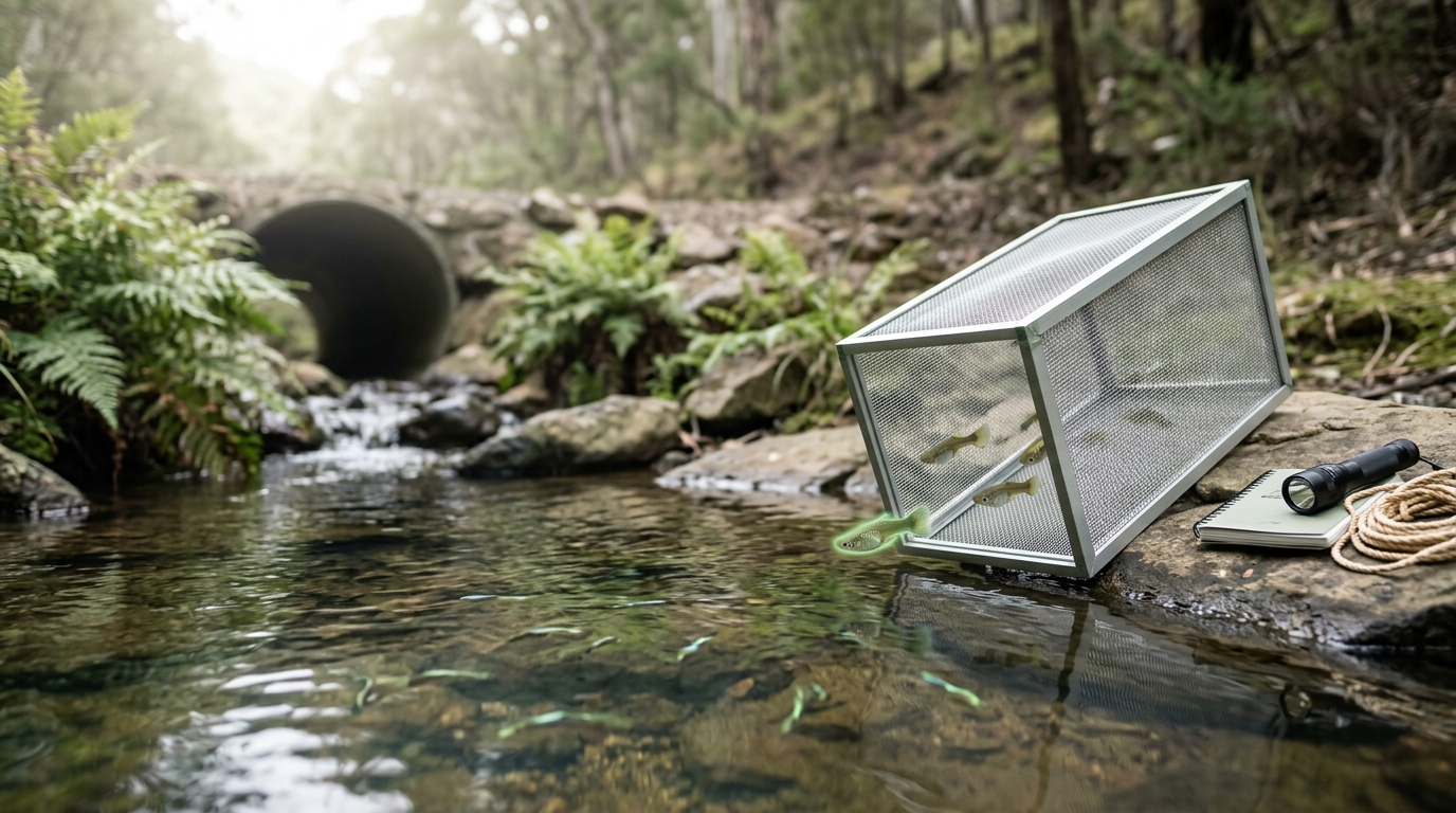 An open-topped mesh transplant crate holding water and a dozen small guppies, tilted at a stream culvert with the last few fish still swimming out into the new pool below