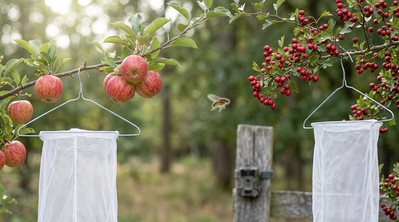 Two insect traps hung a short distance apart at a woodland edge, one baited beneath a hawthorn branch and one beneath an apple branch, a single fly caught mid-flight between them