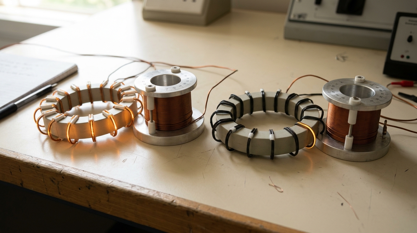 Two pale annular boundary models beside identical field coils, with flux pickups active at one ring and silent at the near-extremal setting