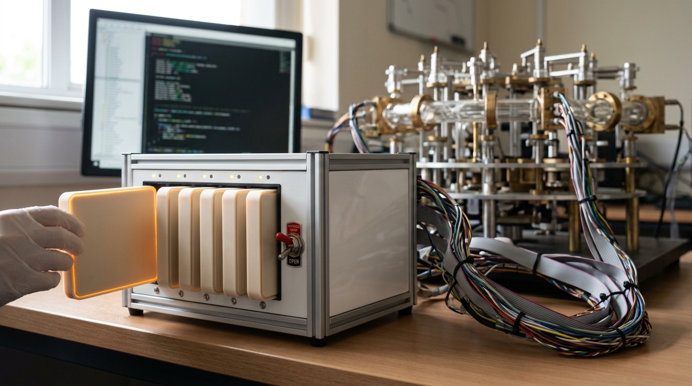 A calculation rack connected to the interferometer model with its run interlock open and seven boundary-condition cartridges not yet seated