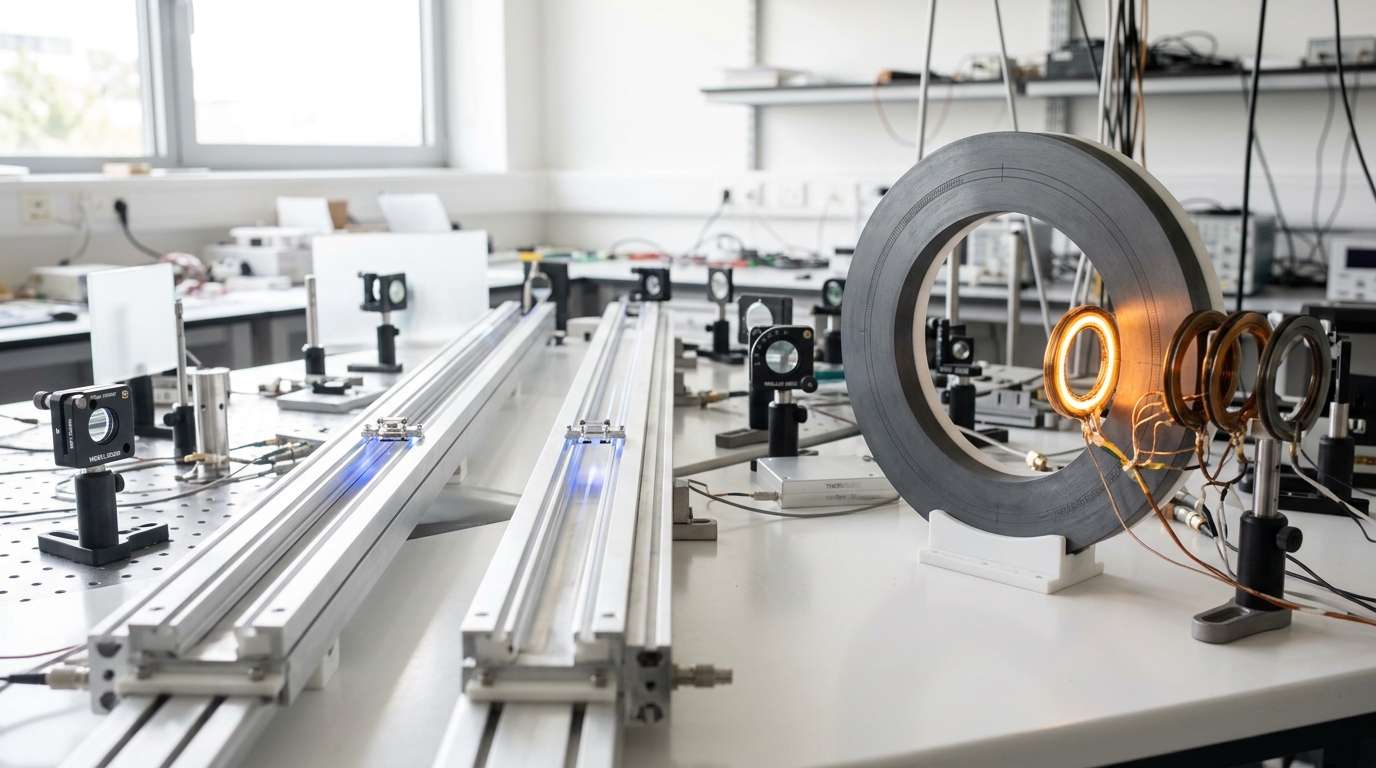 A bright two-path interferometer scale model with a charged microsphere held in separated arms while a pale annular horizon marker waits at right