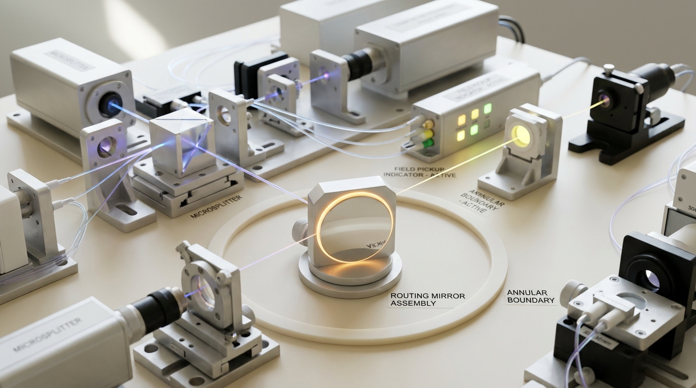 A recombined interferometer with a routing mirror moving back toward the split-path position while an earlier pickup pulse is already beyond it