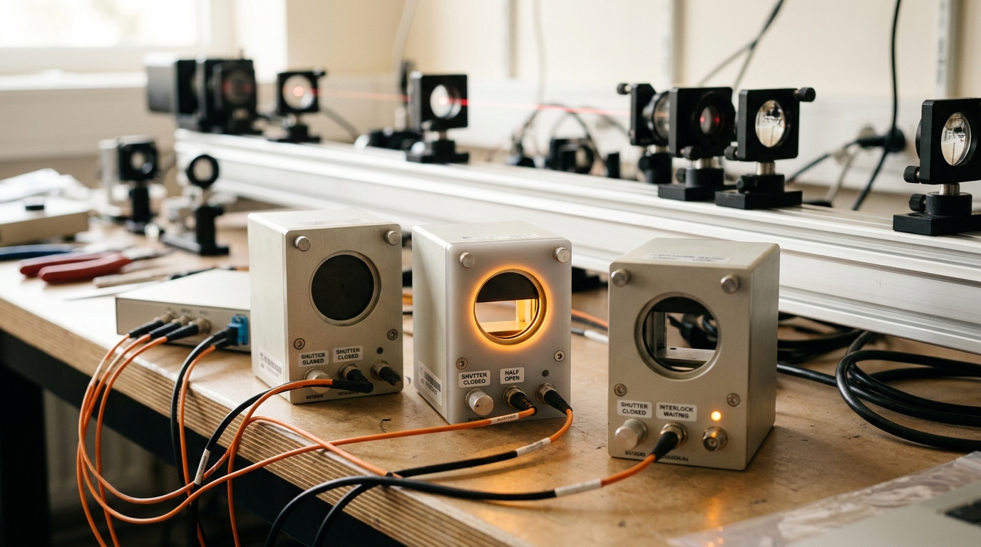 Three physical timing modules connected to one interferometer, with their shutters caught at different positions