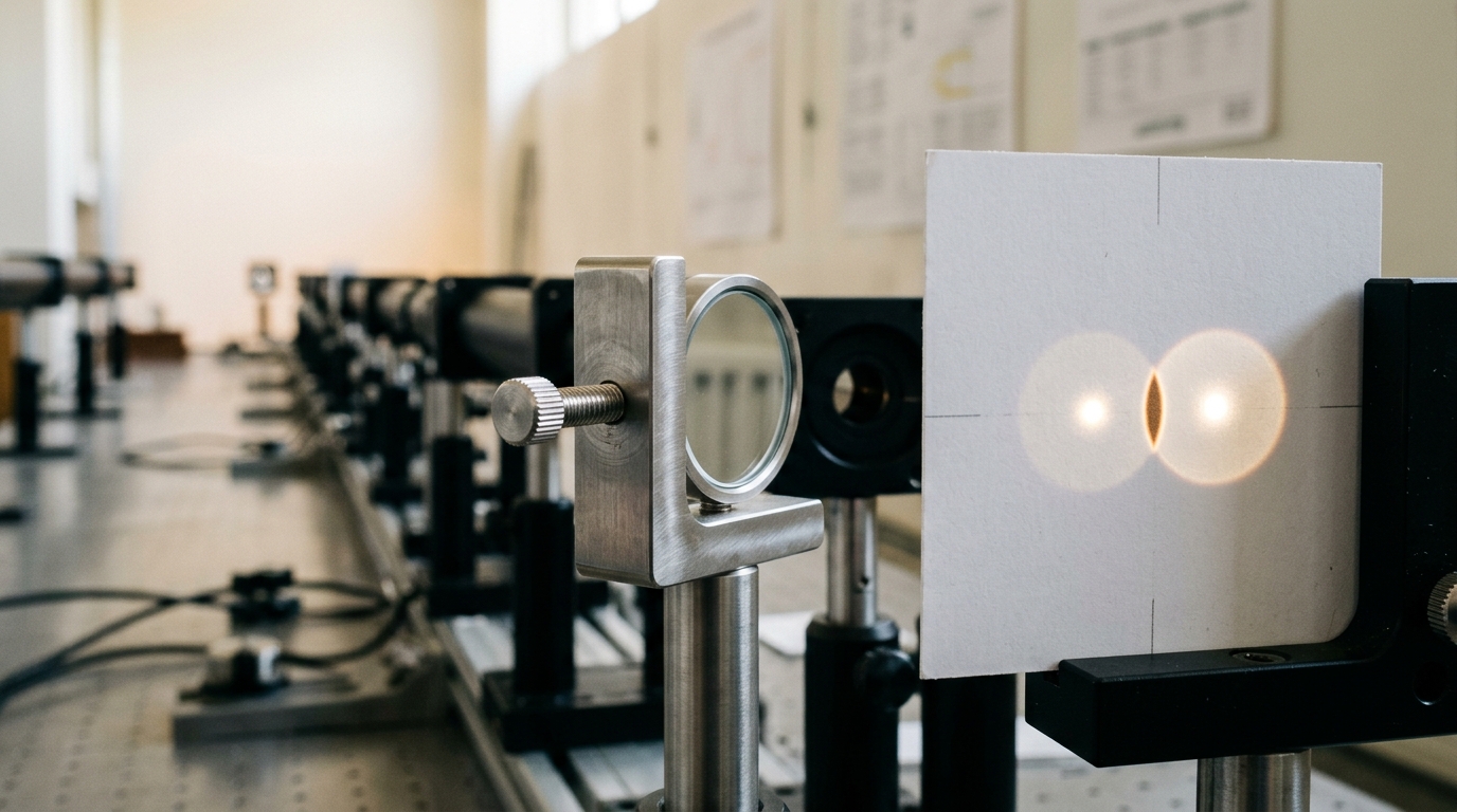 A long folded beam path stretching down a clock hall toward a distant retroreflector, a white alignment card held partway along showing two spots that overlap only at one edge, a steering mirror's adjustment screw mid-turn beside it