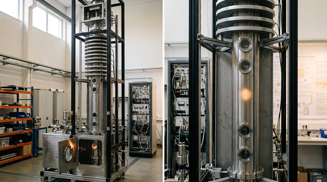 A caesium-fountain clock tower in a metrology-institute clock hall, a small luminous cloud of launched atoms caught partway up the evacuated flight tube, well below its ballistic apex, with the launch chamber's shutter still swinging closed beneath it