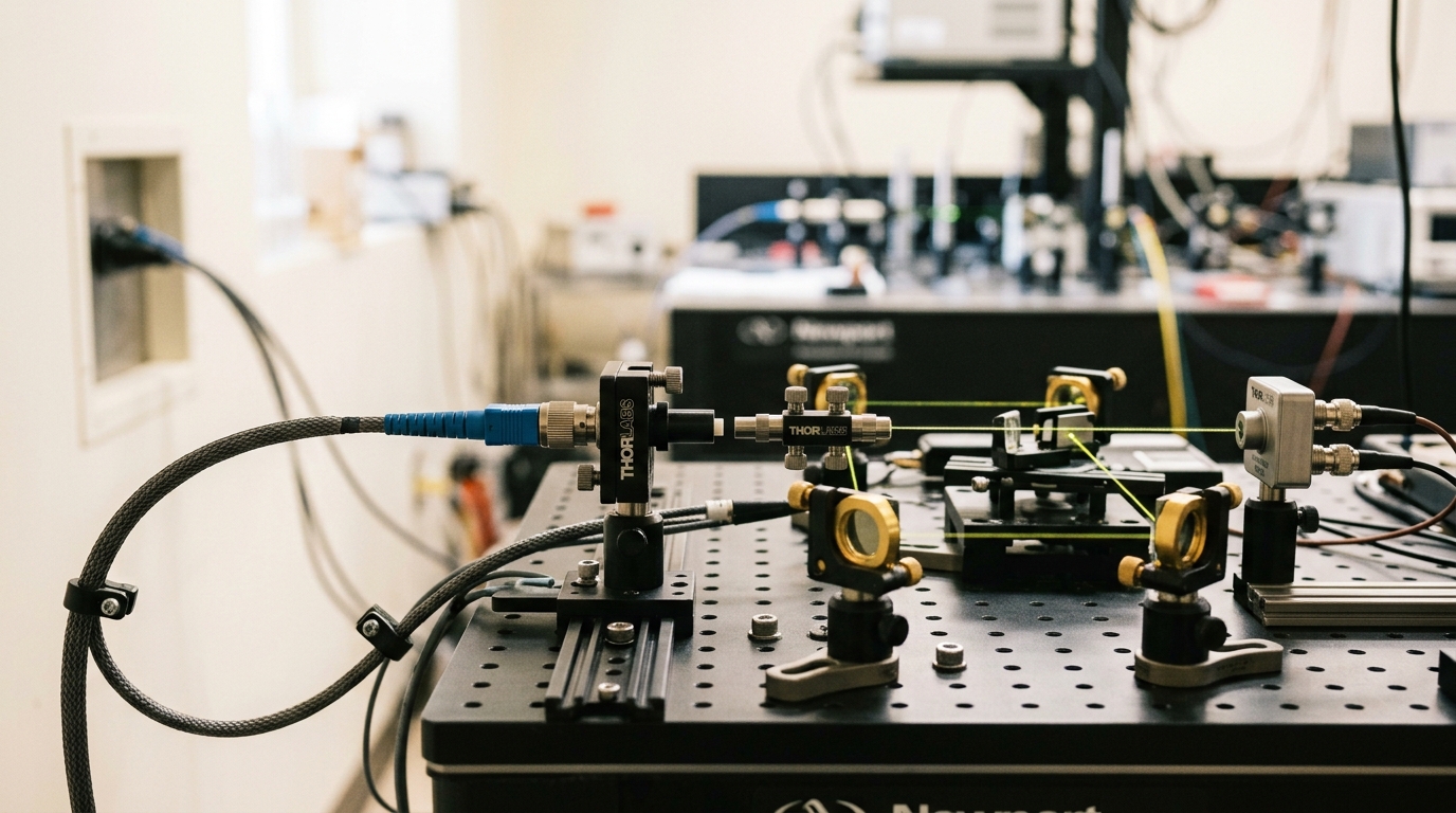 A frequency-comb room's black optical breadboard with a self-referenced femtosecond comb already running, a separate fibre patch cord from the clock hall's pass-through held a hair short of fully seated in its coupler