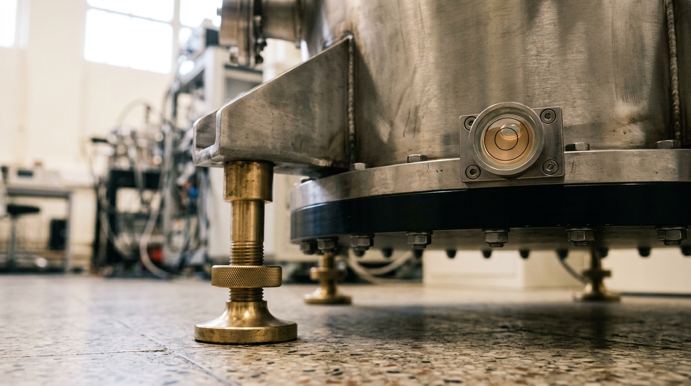 An optical-lattice-clock vacuum tank resting on three brass levelling jacks on a clock-hall floor, a small bullseye spirit level fixed to its flange with the bubble still a hair off centre while one jack's foot is caught mid-turn