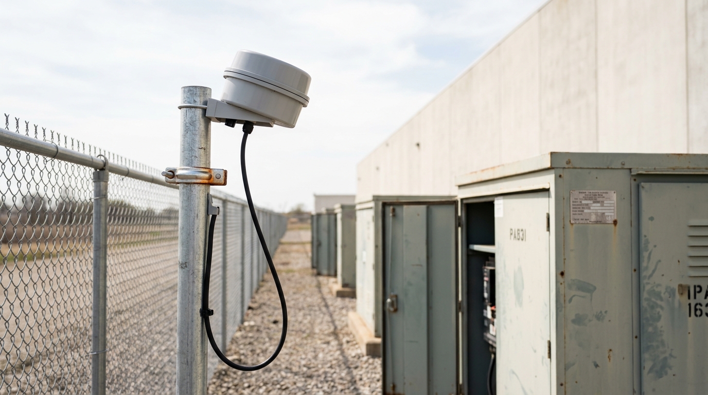 A weatherproof air-monitoring mast being leveled at a chain-link boundary, gas-turbine enclosures to one side and a windowless data hall receding beyond it
