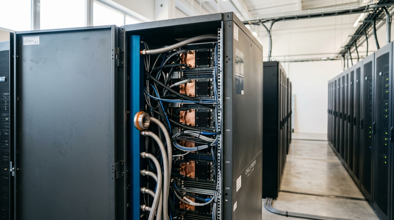 A blind-mate coolant manifold caught part-way into its rack collar with a GPU rack's rear door still swung open, an aisle of racks receding beyond it