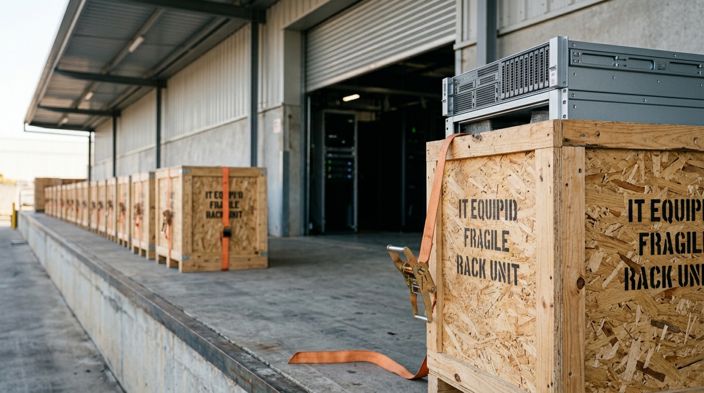 A shipping crate on a receiving dock caught mid-unstrap, one ratchet strap hanging loose and its lid lifted just clear at one corner to show the edge of a rack chassis, with a queue of identical unopened crates receding under the dock canopy