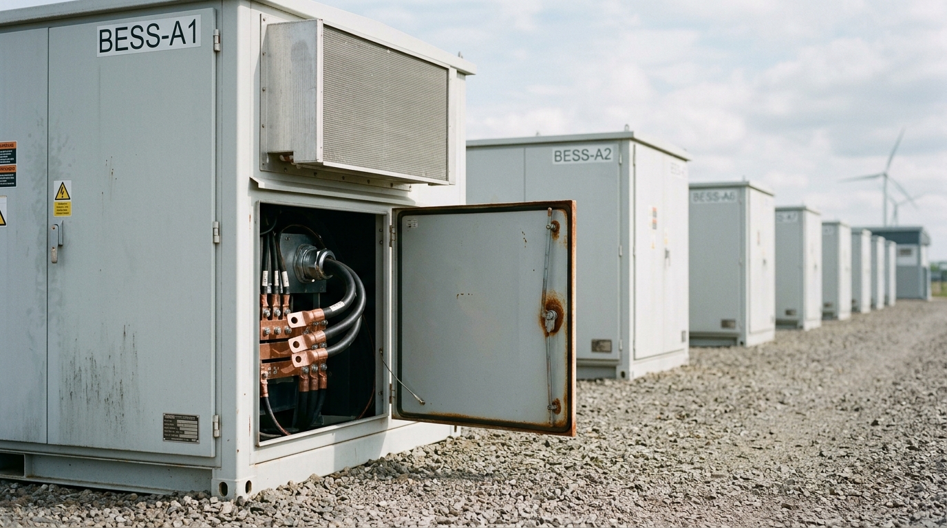 A grid-scale battery enclosure's side service hatch caught open with a cable gland not yet torqued down, a row of identical closed enclosures receding along a gravel apron