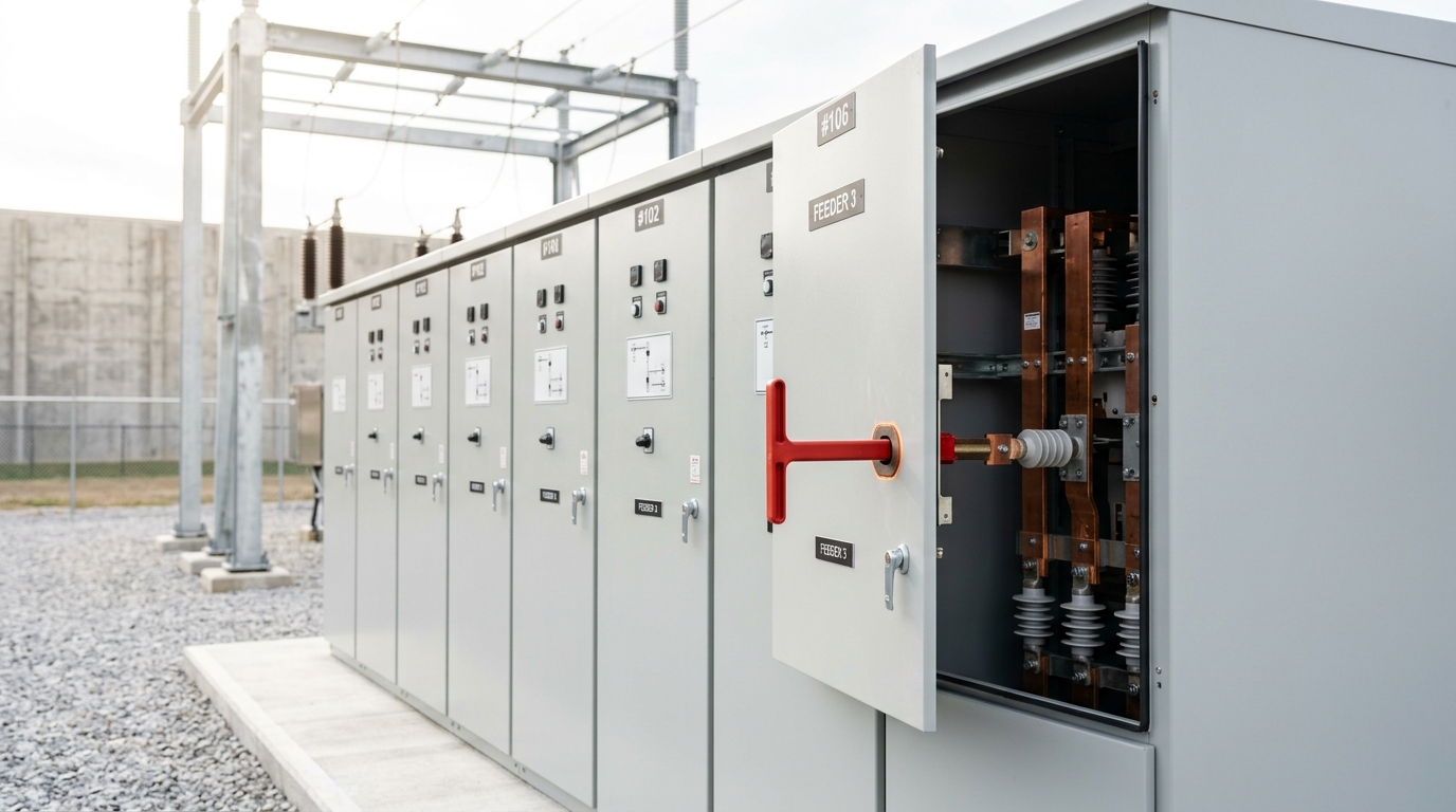 A medium-voltage switchgear cubicle door caught ajar with a breaker racking handle still inserted, copper busbar risers visible behind it and a row of closed, labelled cubicles beside it