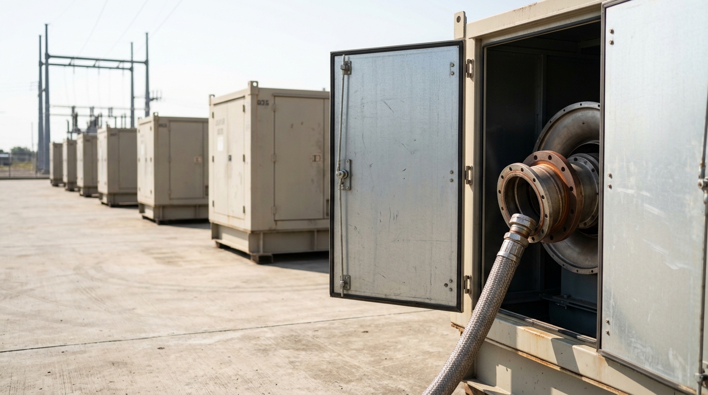 A mobile gas-turbine skid's acoustic enclosure panel caught swung open mid-inspection, a fuel-gas hose coupling not yet torqued, a row of closed turbine skids receding across a concrete yard