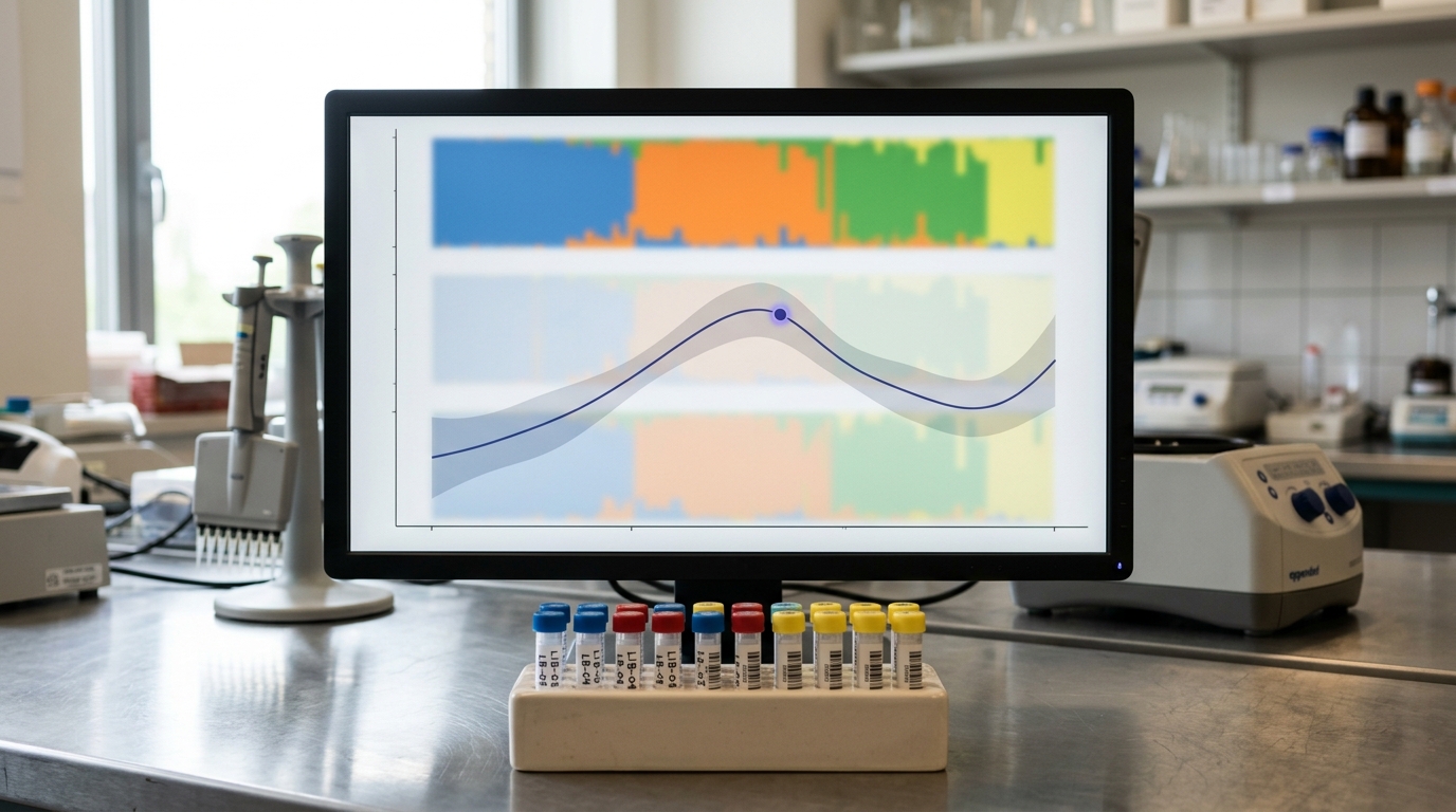 A lab bench monitor displaying a population-genetics admixture plot beside sequencing library tubes and a pipette rack