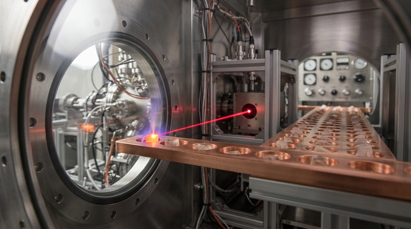 A laser-fusion sample chamber releasing a single irradiated sanidine crystal grain into an argon mass spectrometer line