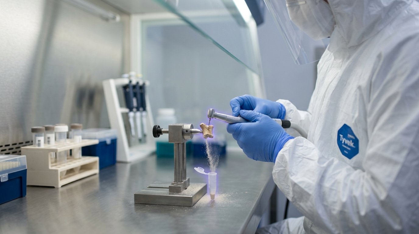 A researcher in a full clean-room suit drilling bone powder from a fossil fragment inside a UV-lit ancient-DNA extraction hood