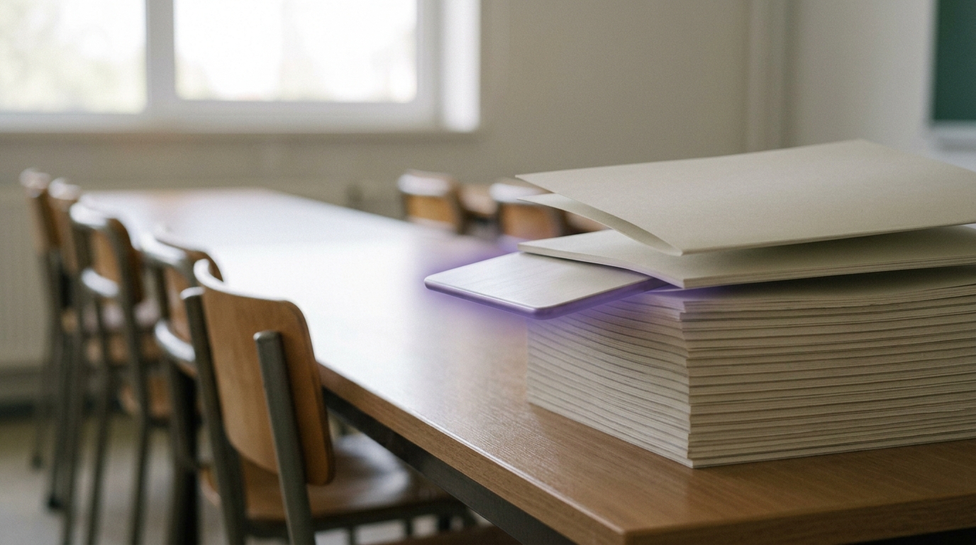 A stack of paper assessment booklets on a classroom table, the top booklet's cover lifted as a tablet slides into the stack's place