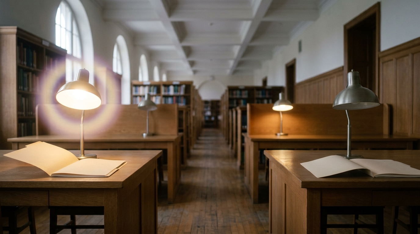 Two research desks laid out side by side for comparing scenarios, one folder open on each desk, a lamp switching on over only one