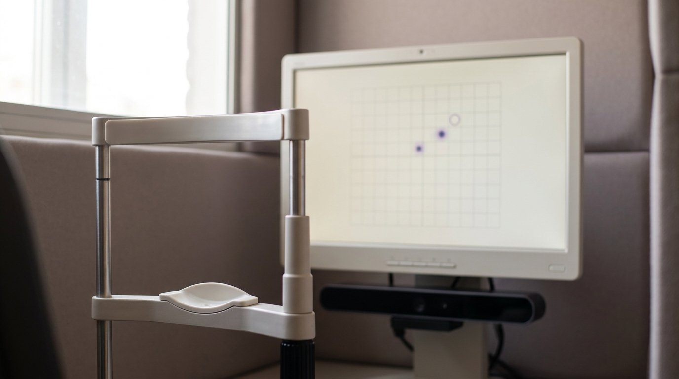 An eye-tracking booth with a chinrest and monitor mid-calibration, one gaze-marker dot still settling on the screen