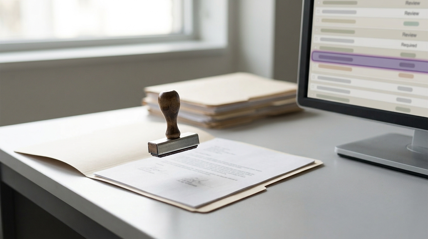 An office approval desk where a paper stamp hovers above a folder next to a review queue glowing softly on a monitor