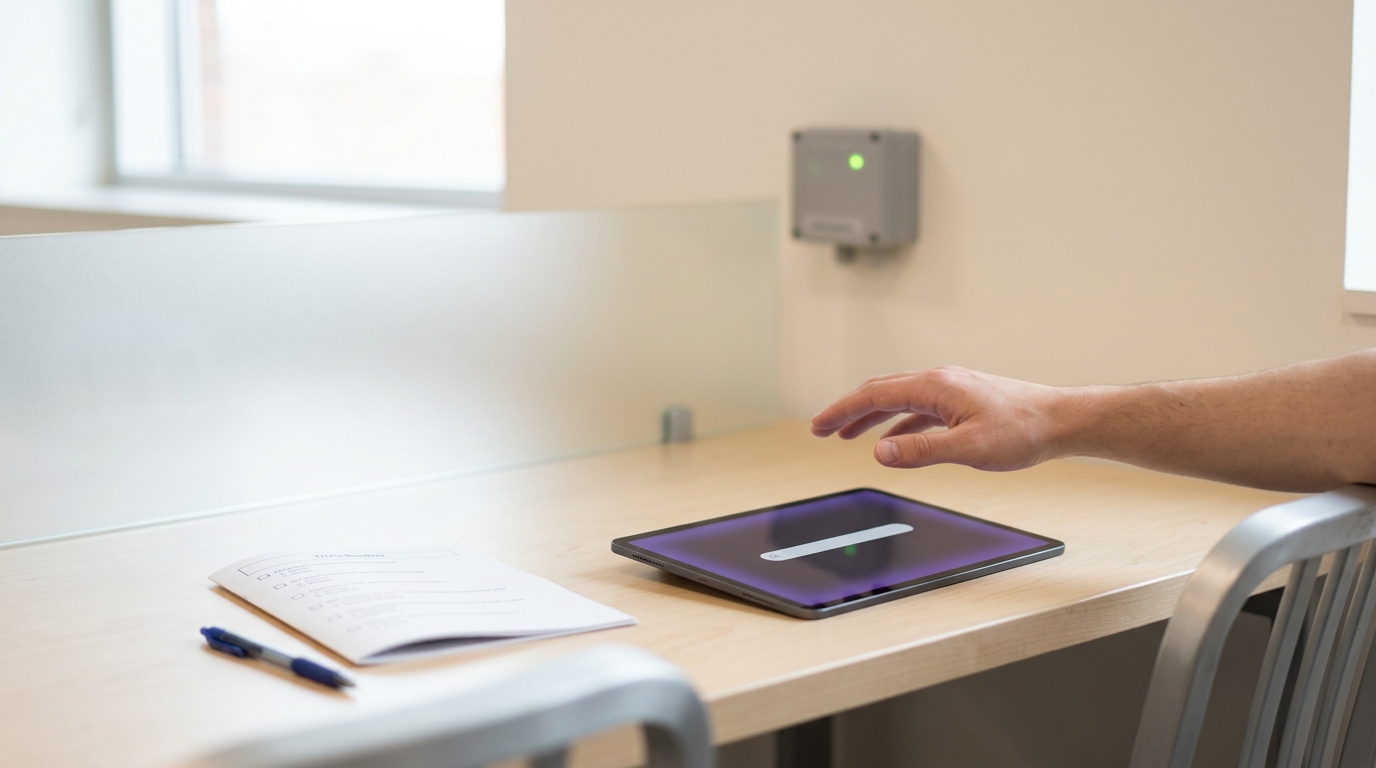 A cognitive-offloading test room where a participant's hand is caught mid-reach between a paper trivia booklet and a tablet showing a search bar