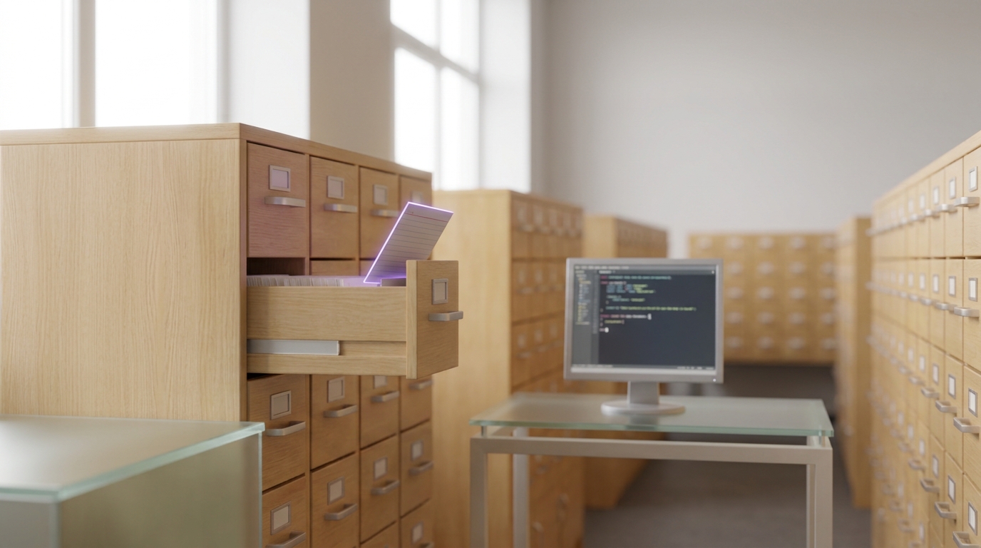 A card-catalog archive room with one drawer pulled open next to a terminal showing a matching lookup, one index card lifted halfway out