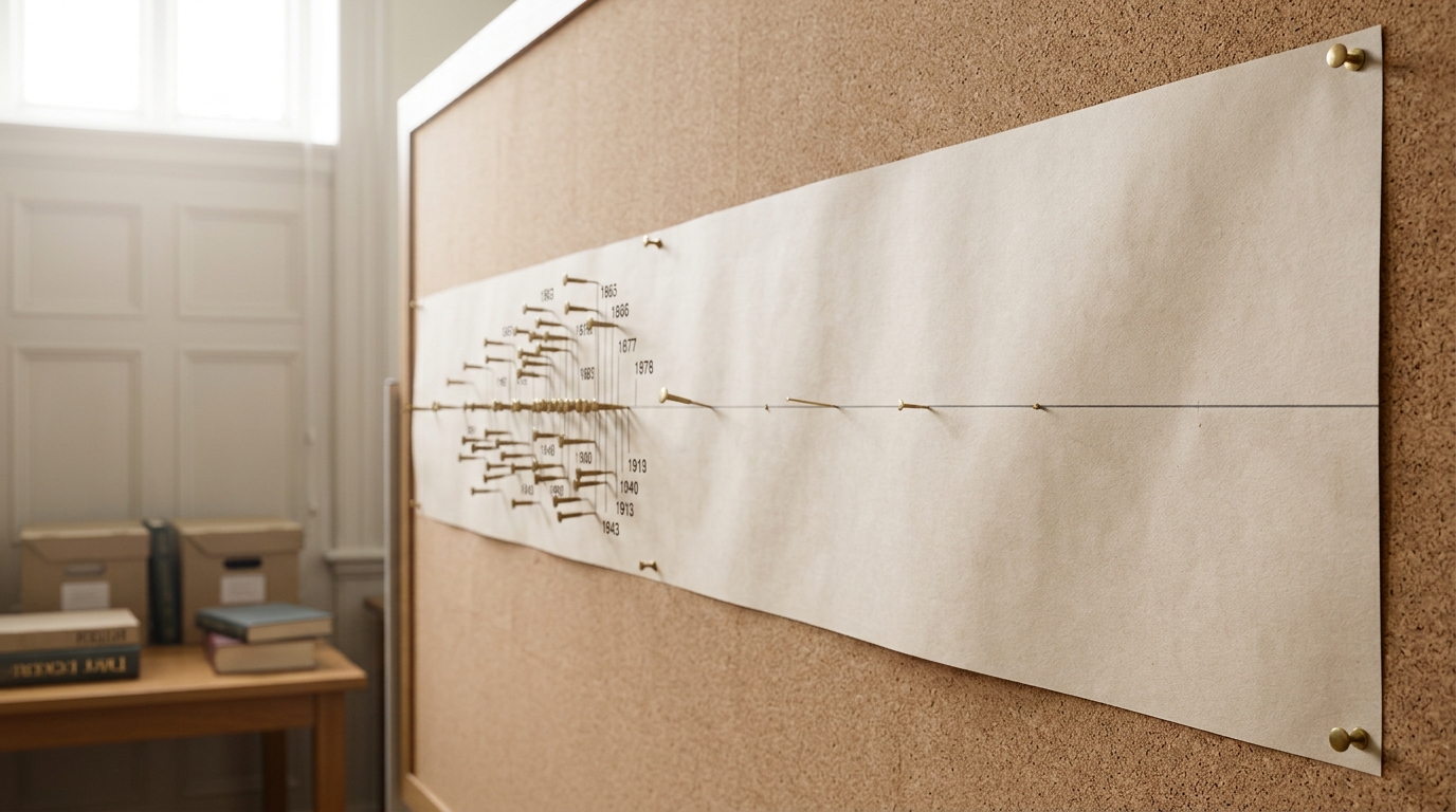 A long paper timeline strip pinned across a corkboard with pins marking dated events, most of the strip's right-hand span still bare except one pin being pressed in