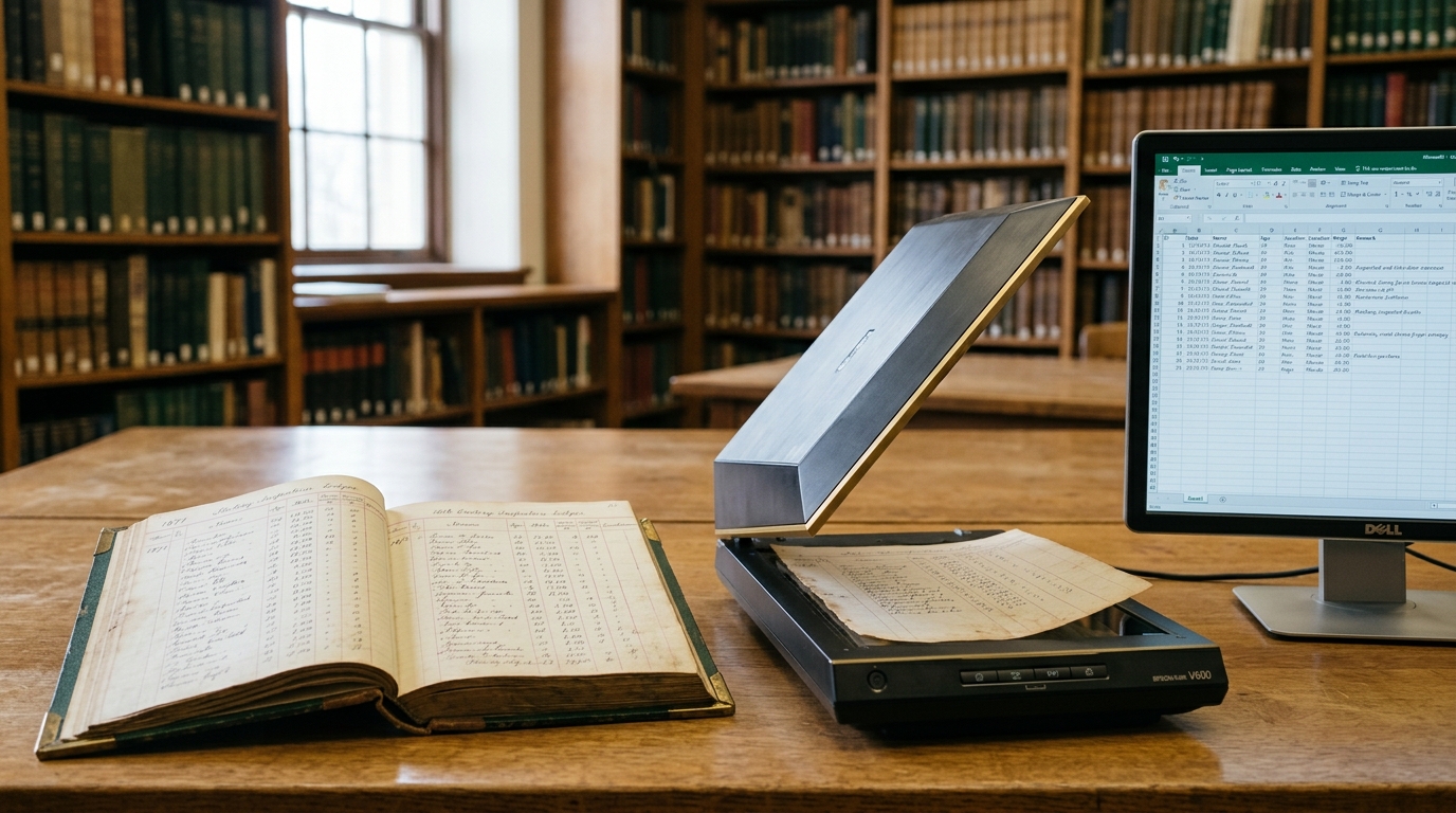 A brass-cornered nineteenth-century factory ledger open on an oak table beside a modern monitor showing a half-filled spreadsheet, a scanner lid caught still lifting
