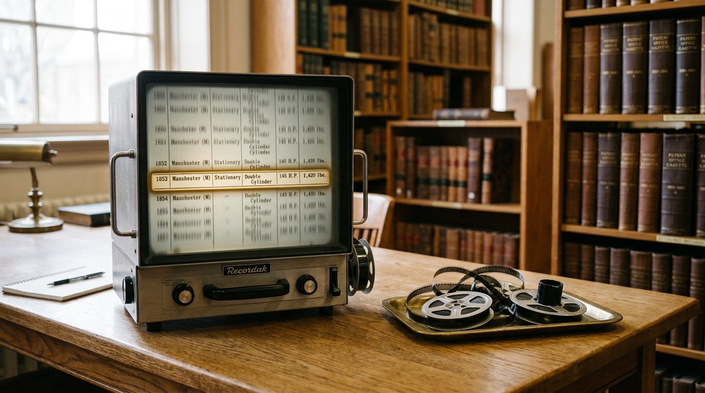 A microfilm reader mid-scroll showing a steam-engine horsepower table, one row lit by the reader's lamp while a stack of unspooled reels waits beside it
