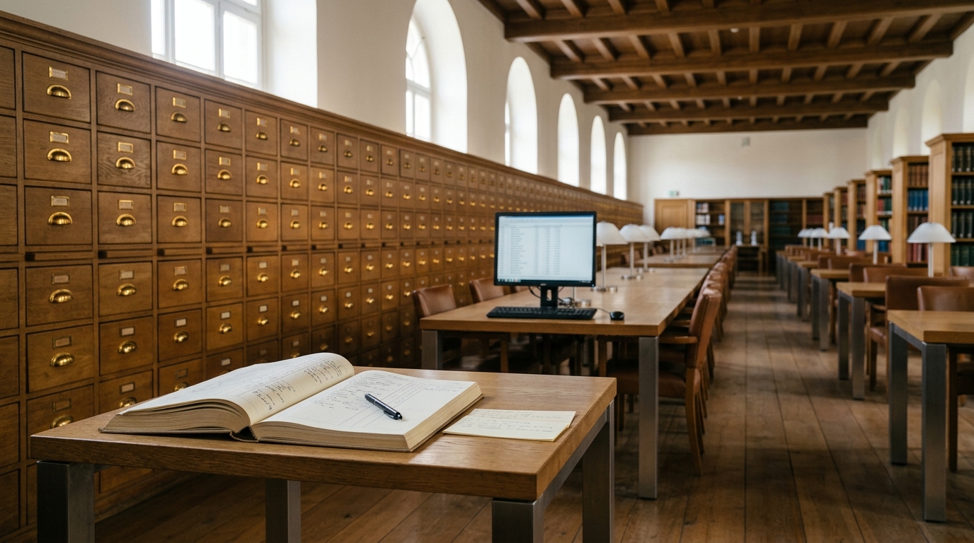 A long public-records archive hall with brass drawer cabinets, a research terminal, and a codebook left open mid-entry on an oak table under soft daylight.