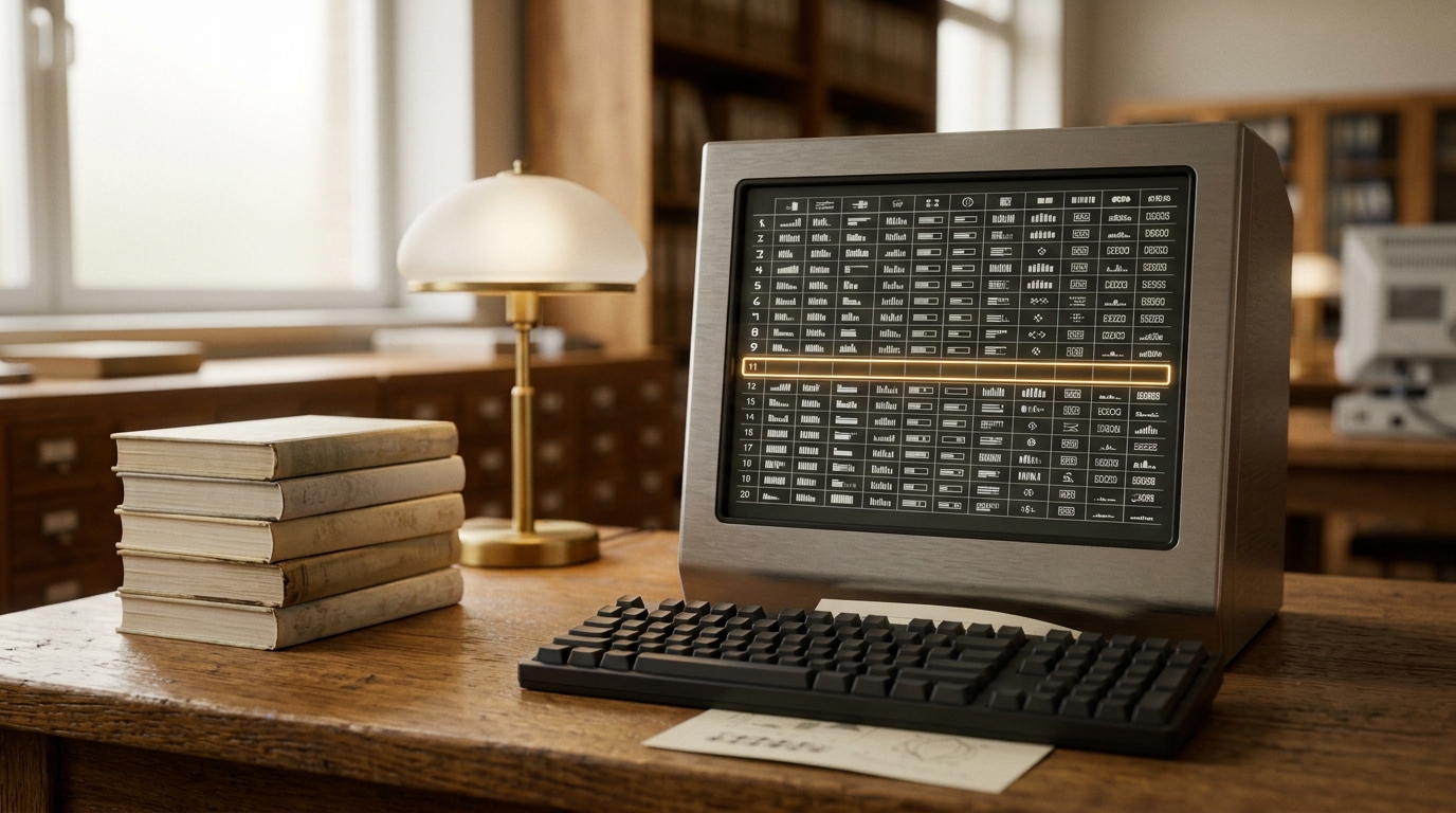 A research terminal on an oak desk displaying a plain tabulated column of indicator scores, with stacked country codebooks and a confidence-interval printout beside it.