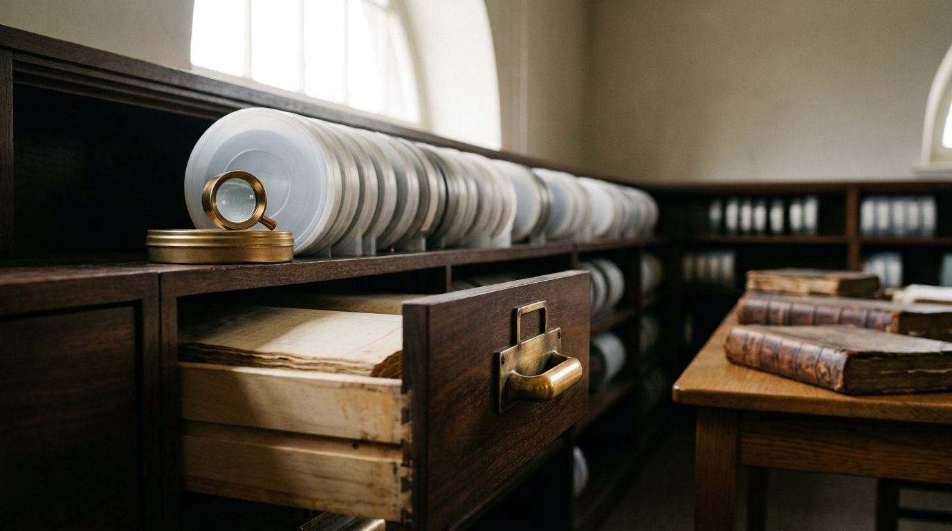 Microfilm tax-roll reels and a punch-style withholding ledger drawer pulled halfway open on an archive shelf, a loupe left resting on one reel.