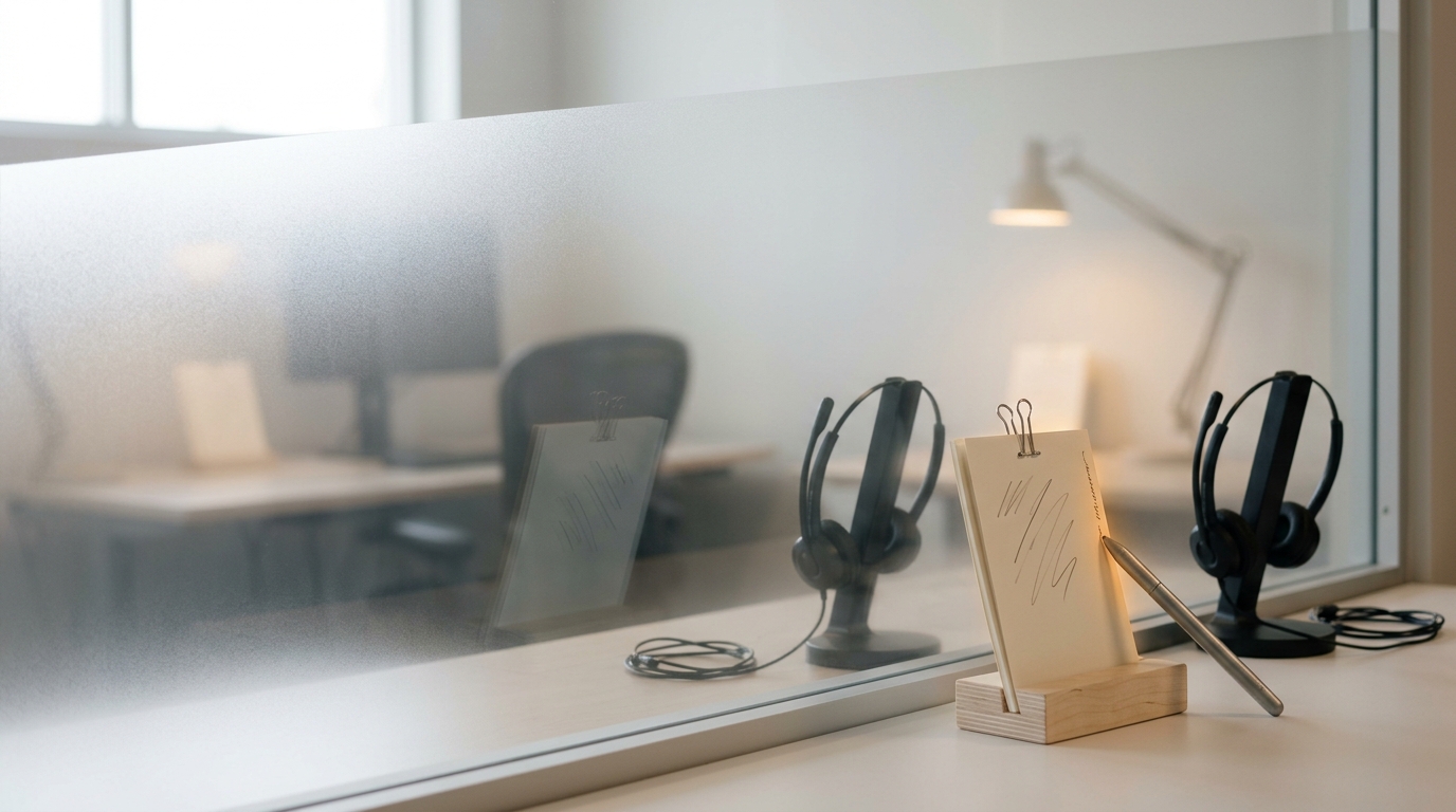 A stand-in workstation seen through a one-way observation window, a task card being annotated on a stenography-style card holder beside a headset resting on its stand