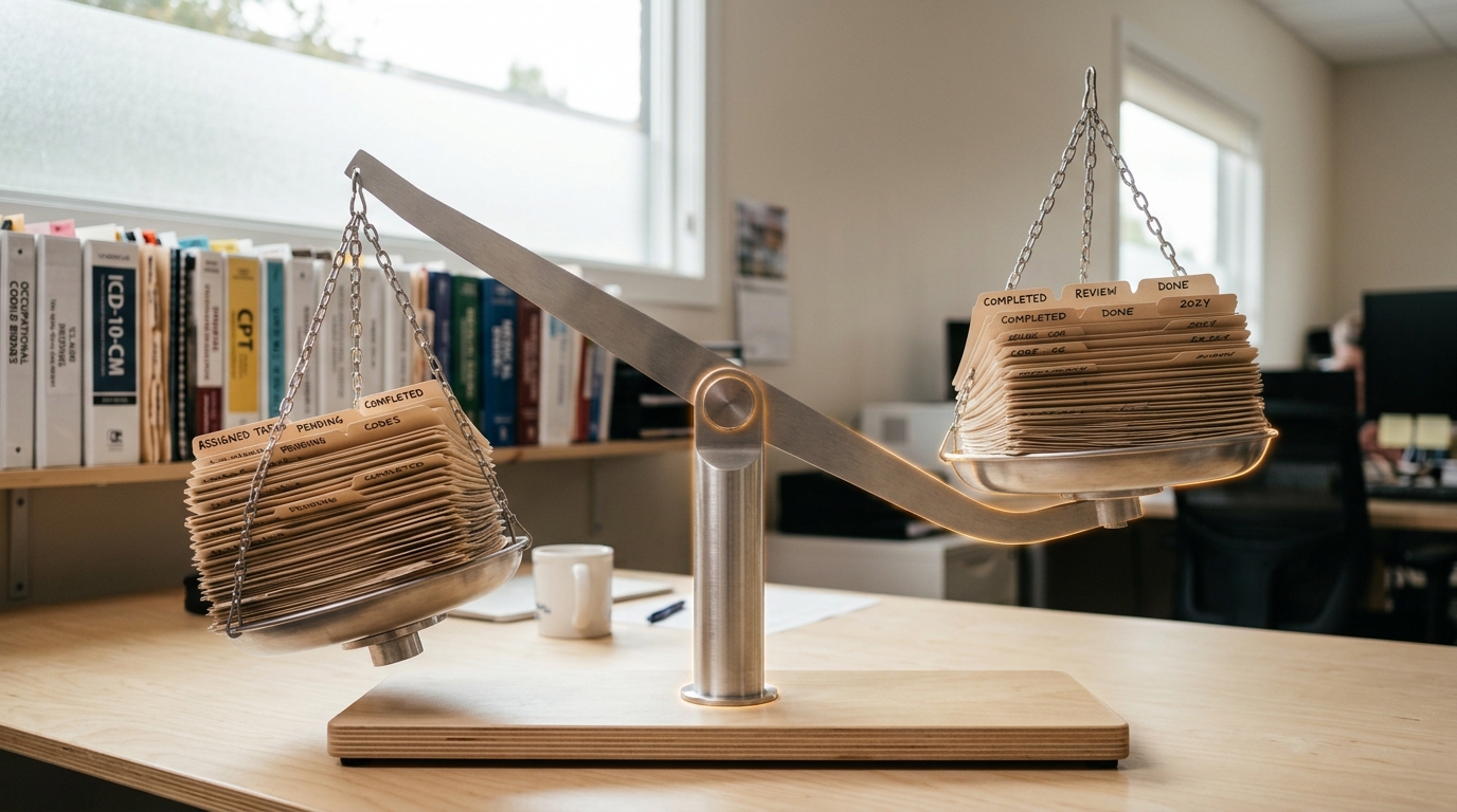 A wide balance scale on the observation table holding stacked task cards on each pan, one pan caught rising as the other settles lower