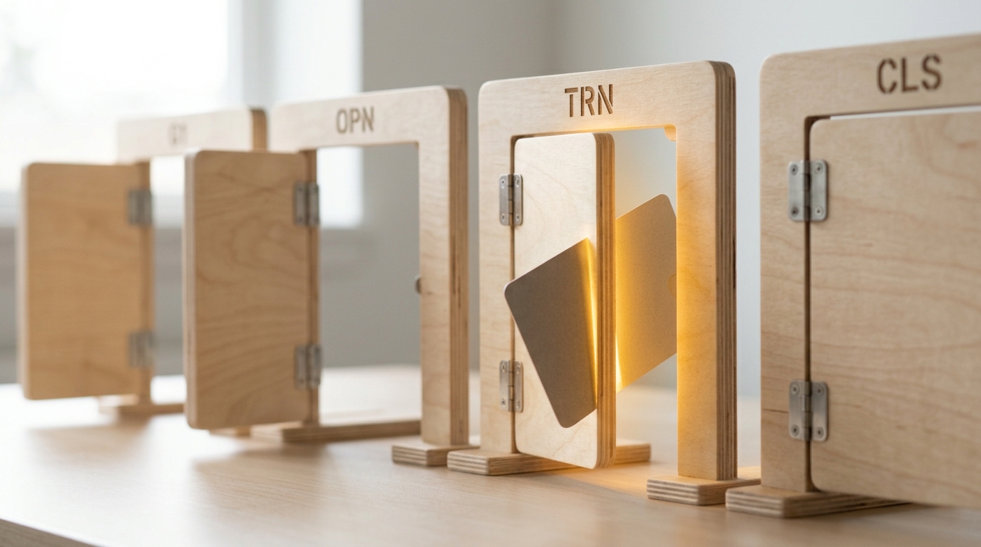 A single task card passing through a four-stage hinged wooden gate structure, caught between the second and third gate with two gates already open behind it
