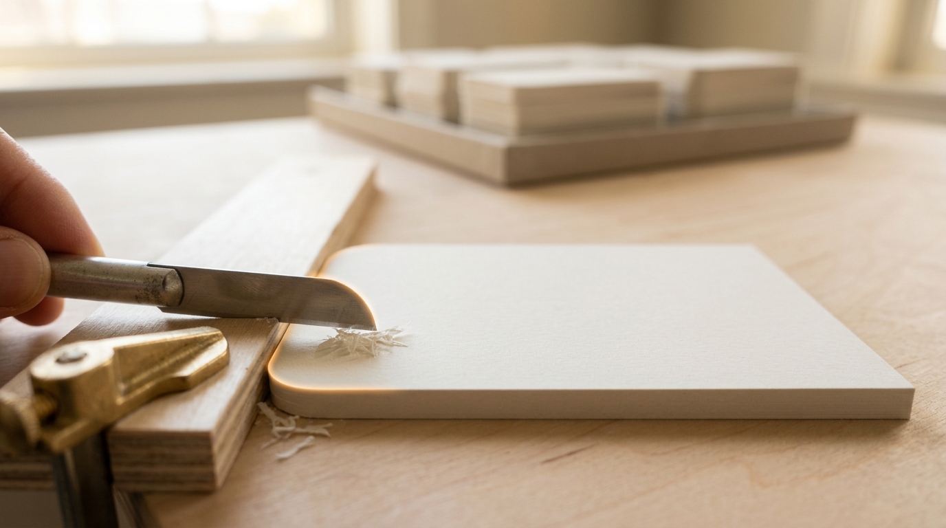 A blank cardstock blank being trimmed on a card-cutting guide, one corner already cut to shape while the rest of the sheet remains square