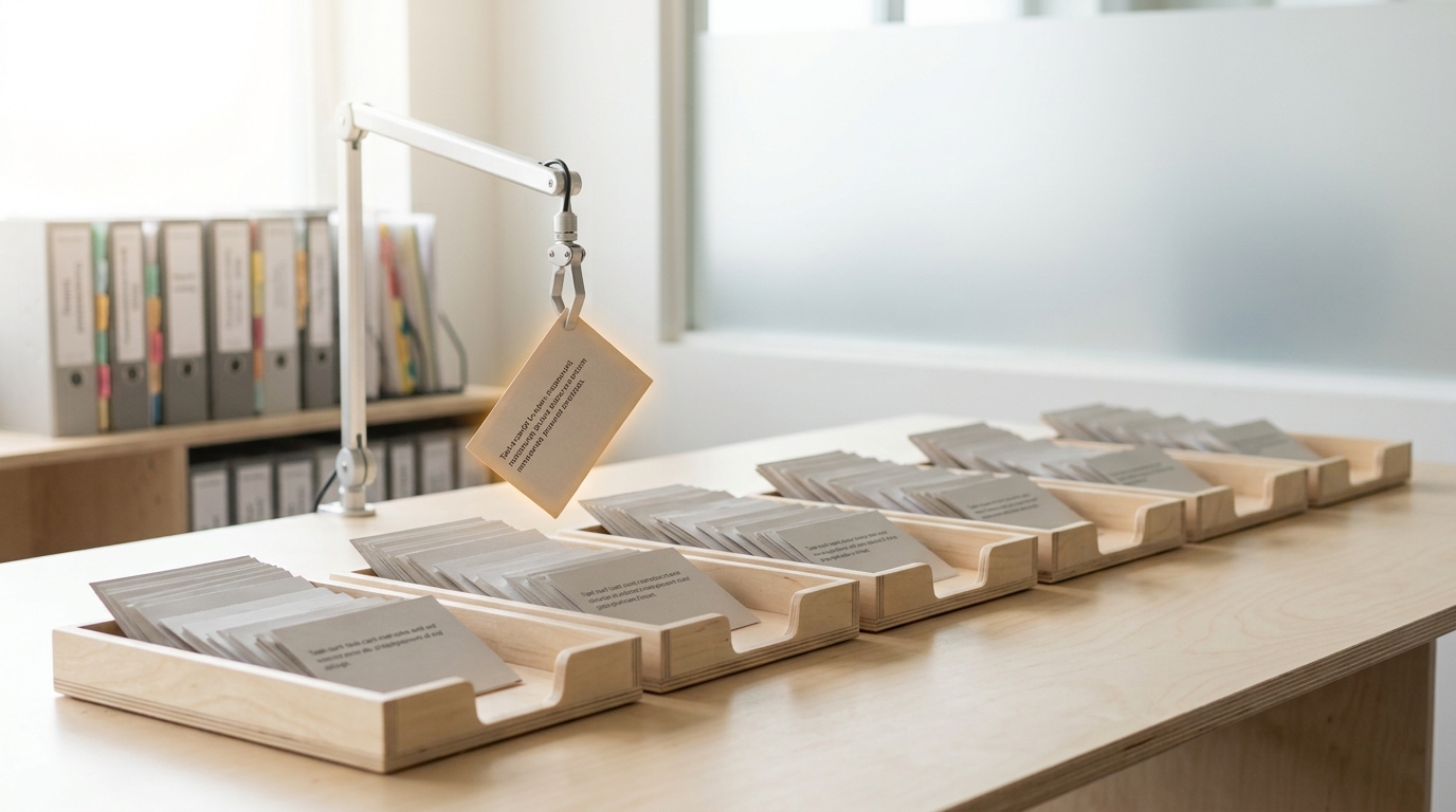 A long table of shallow trays holding printed task cards, one card caught mid-air over the boundary between two trays as a hand-free pneumatic arm releases it