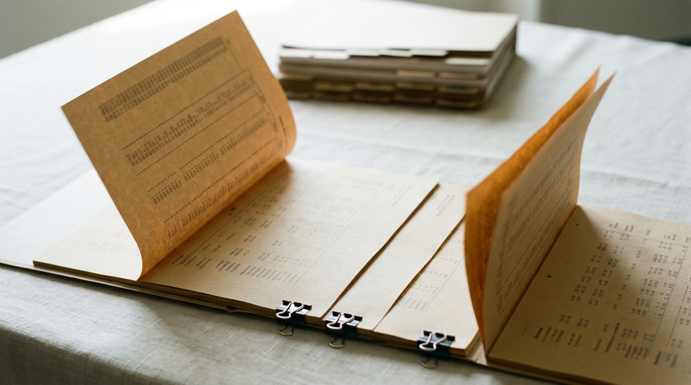 A hand-free fan of buff wage-ledger sheets spreading across a table, the two outer ends lifting higher than the flattened middle span