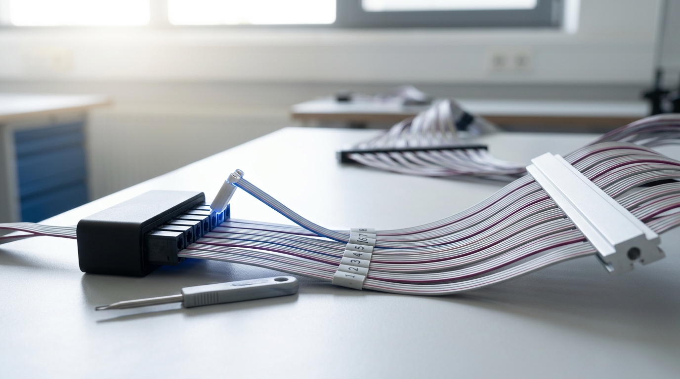 A wiring harness on a test bench where eight separate query leads fan into a single shared key-value connector block, one lead caught mid-plug with its ferrule not yet home